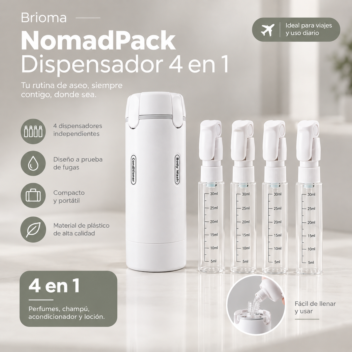 Botes de viaje rellenables para champú, gel, acondicionador y crema